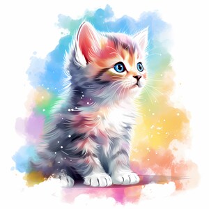 May include: A watercolor painting of a cute, fluffy kitten with blue eyes. The kitten is sitting on a colorful background with splashes of pink, blue, green, and yellow.
