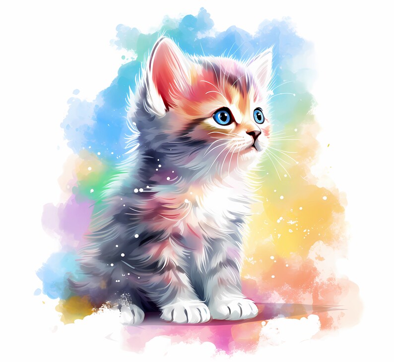 May include: A watercolor painting of a cute, fluffy kitten with blue eyes. The kitten is sitting on a colorful background with splashes of pink, blue, green, and yellow.