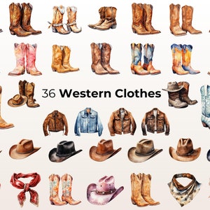 Puede incluir: 36 ilustraciones de acuarela de prendas de vestir occidentales, incluyendo botas de vaquero, sombreros, chaquetas y bandanas. Las ilustraciones son de varios colores y estilos.