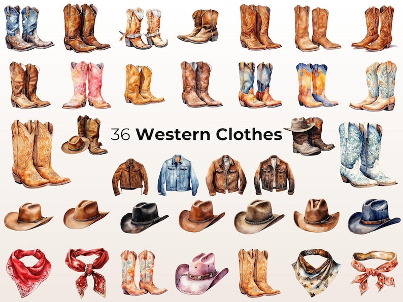 Puede incluir: 36 ilustraciones de acuarela de prendas de vestir occidentales, incluyendo botas de vaquero, sombreros, chaquetas y bandanas. Las ilustraciones son de varios colores y estilos.