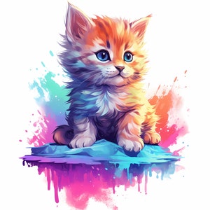 May include: A fluffy orange and white kitten with blue eyes sits on a blue and purple rock with a colorful watercolor background.