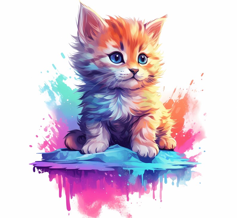 May include: A fluffy orange and white kitten with blue eyes sits on a blue and purple rock with a colorful watercolor background.
