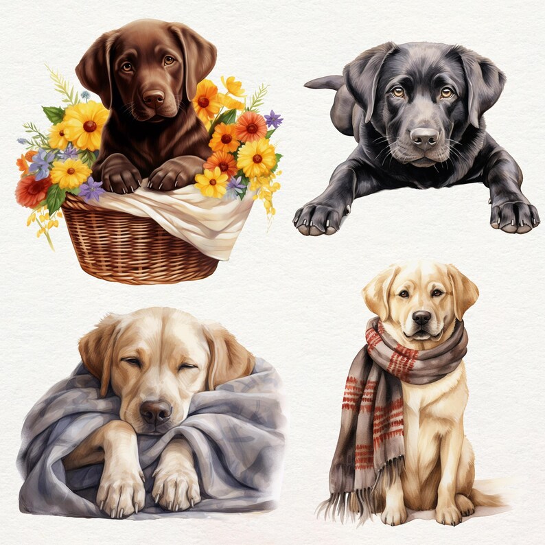 Puede incluir: Cuatro perros Labrador Retriever en diferentes poses. Un perro est&aacute; sentado en una cesta de flores de oto&ntilde;o, otro est&aacute; acostado en una manta azul, otro est&aacute; sentado con una bufanda roja y blanca, y el &uacute;ltimo perro est&aacute; de pie con sus patas en el suelo.