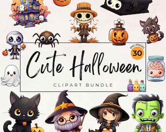 Niedliches Halloween Clipart Bundle | 30 Kawaii Halloween Clipart für Papier Handwerk, Dekoration, Kinderzimmer Junk Journal, transparente PNG, kommerzielle Nutzung