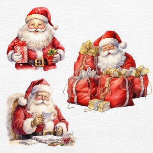 May include: Watercolor illustrations of Santa Claus in various poses. One image shows Santa holding gifts, another with a sack of presents, and a third with Santa reading a letter. All Santas wear a red suit and hat.