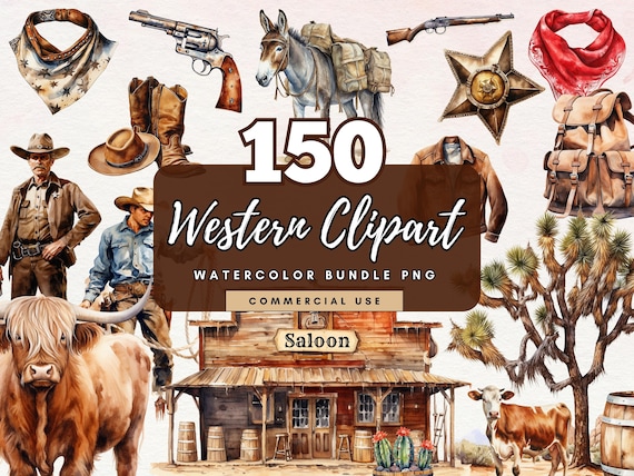 Watercolor Western Clipart - 150 Texas Horse Ranch Cowboy Bundle PNG Format | Cowboy Clipart Cowgirl | Instant Download | For Commercial Use