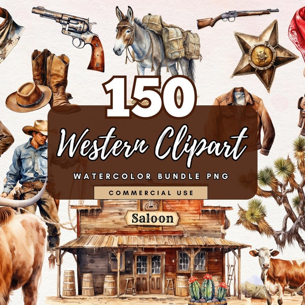 Clipart western aquarelle - lot de 150 cow-boys Texas Horse Ranch Format PNG | Cow-boy des cliparts | Téléchargement instantané | Pour usage commercial