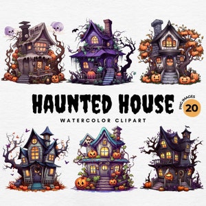 Clipart della casa di Halloween, 20 PNG acquerelli della casa stregata, clipart di Halloween per mestieri con la carta, arredamento, diario spazzatura per nursery, uso commerciale