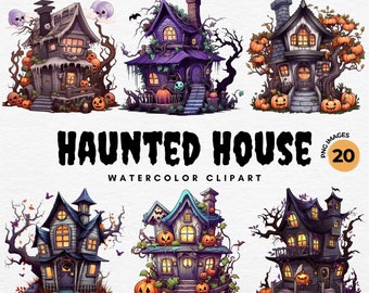 Halloween House Clipart | 20 Haunted House Watercolor PNGs, Halloween Clipart for Paper Crafts, Decor, Nursery Junk Journal, Commercial Use