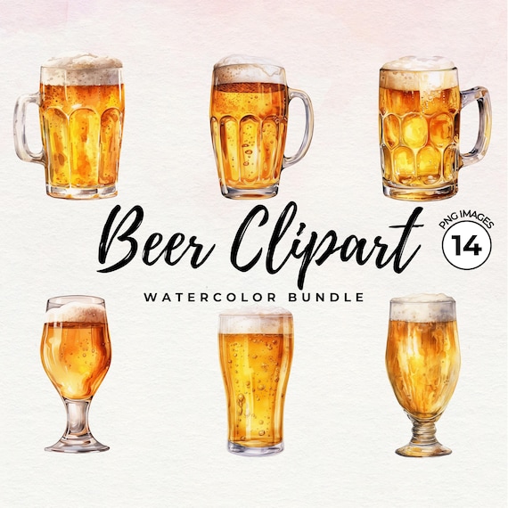 Beer Glass Clipart - Watercolor Beer Clipart | Beer Mug PNG Transparent | Watercolor Cocktail | Drinks Clipart | Commercial License