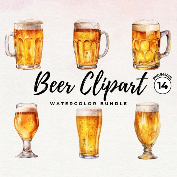 Beer Glass Clipart - Watercolor Beer Clipart | Beer Mug PNG Transparent | Watercolor Cocktail | Drinks Clipart | Commercial License