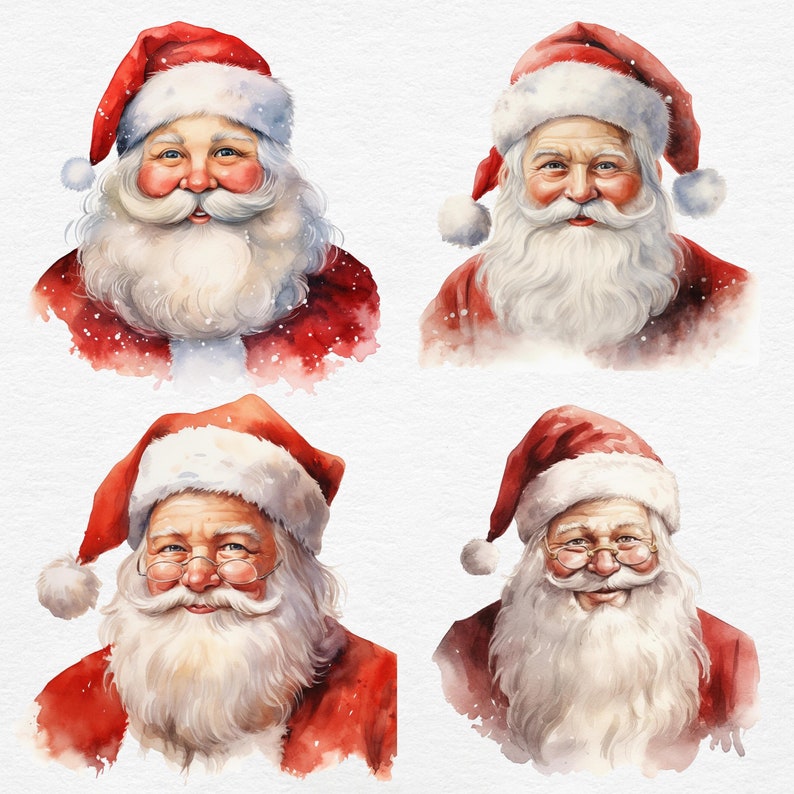 May include: Watercolor portraits of Santa Claus in a festive theme. Each portrait features Santa with a white beard, red hat, and coat. Some portraits include glasses. The artwork has a soft, painterly style with watercolor effects.