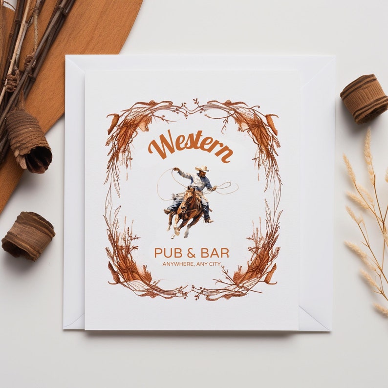 May include: A white card with a brown illustration of a cowboy riding a horse and lassoing. The text "Western Pub & Bar" is below the illustration. The text "Anywhere, Any City" is below the bar name.