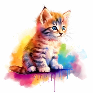 May include: A watercolor painting of a cute orange and white kitten with blue eyes sitting on a colorful background. The background is a mix of yellow, orange, blue, green, and purple.