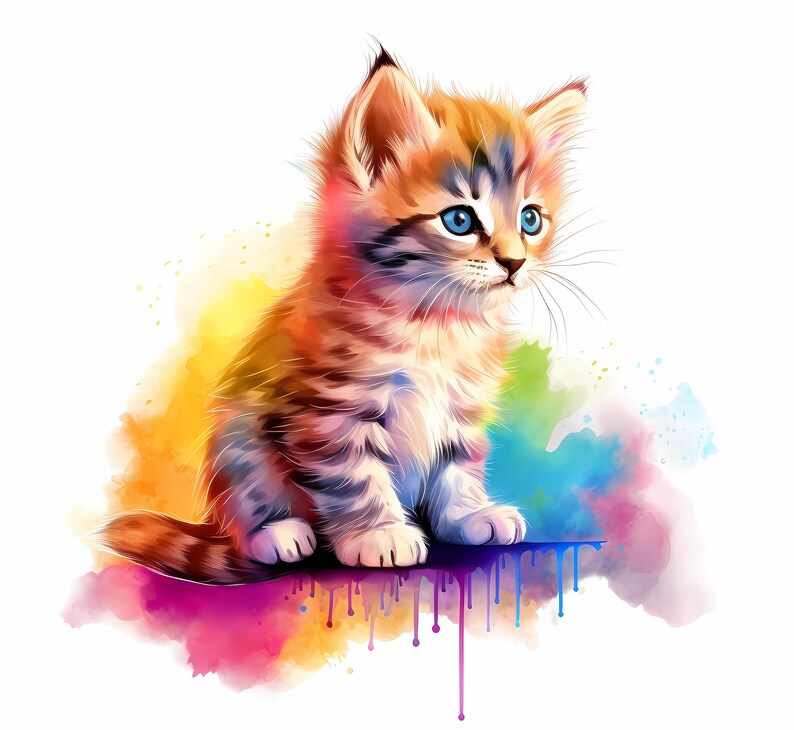 May include: A watercolor painting of a cute orange and white kitten with blue eyes sitting on a colorful background. The background is a mix of yellow, orange, blue, green, and purple.