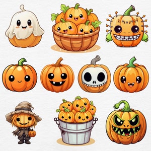 K&ouml;nnte beinhalten: Eine Sammlung von Cartoon-K&uuml;rbissen und Halloween-Charakteren. Das Bild zeigt einen Geist, K&uuml;rbisse in einem Korb und verschiedene K&uuml;rbisgesichter mit unterschiedlichen Ausdr&uuml;cken. Es gibt auch eine K&uuml;rbis-Strohpuppe und einen Eimer mit K&uuml;rbissen.