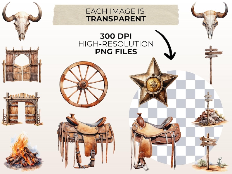 Puede incluir: Un conjunto de 10 ilustraciones de acuarela con tem&aacute;tica del oeste, que incluyen un cr&aacute;neo, una rueda de carro, una silla de montar, una puerta de madera, una fogata y una insignia de sheriff en forma de estrella. Cada imagen es un archivo PNG de alta resoluci&oacute;n con fondo transparente.