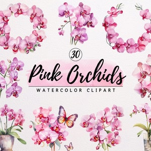 Watercolor Pink Orchid Clipart Bundle | Watercolor Summer Flowers PNG Transparent Cliparts | Commercial Use | Floral Junk Journal | Wedding