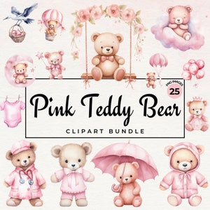 Acquerello Teddy Bear Clipart per ragazza / Baby Pink Decor Nursery Neonato Clipart, Cute Teddy PNG, Paper Crafts, Junk Journal, Uso commerciale
