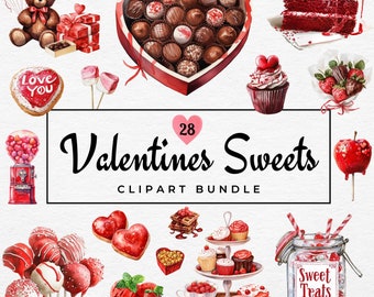 Sweet Valentine Clipart Bundle | 28 Watercolor Valentines Day Clipart, Candy Shop Clipart, Red Valentines PNG, Chocolate PNG, Commercial Use