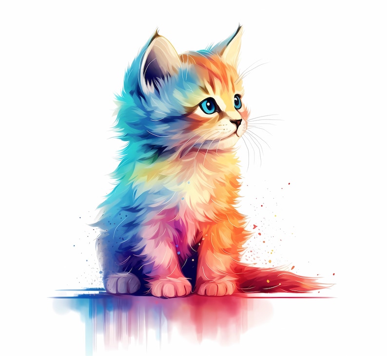 May include: A colorful, fluffy kitten with blue eyes sits on a white background. The kitten's fur is a blend of orange, yellow, blue, and pink.