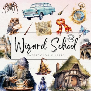 60 Clipart d'école de magicien aquarelle | Bundle de cliparts d'articles d'école de magie - assistant PNG - Clipart Halloween, téléchargement immédiat - usage Commercial