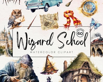 Puede incluir: Conjunto de clipart de acuarela con temática de escuela de magia. Incluye un mago, un castillo, una casa, un sombrero, una linterna, una araña, un búho, un coche, un mapa, una bufanda, una mariposa, un reloj de bolsillo, un tren y una varita.