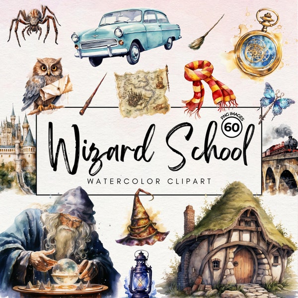 60 Watercolor Wizard School Clipart | Magic School Items Clipart Bundle - Wizard PNG - Halloween Clipart, Instant Download - Commercial Use