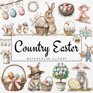 Land boerderij Pasen clipart | 46 aquarel Easter Farm PNG bundel, paasmand, paasscène clipart, sublimatie, commercieel gebruik