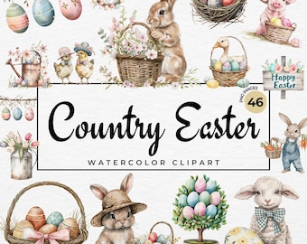 May include: A watercolor clipart set with a country Easter theme. The set includes bunnies, chicks, a lamb, a pig, a goose, baskets of eggs, a sign that says "Happy Easter", and a tree with colorful eggs.