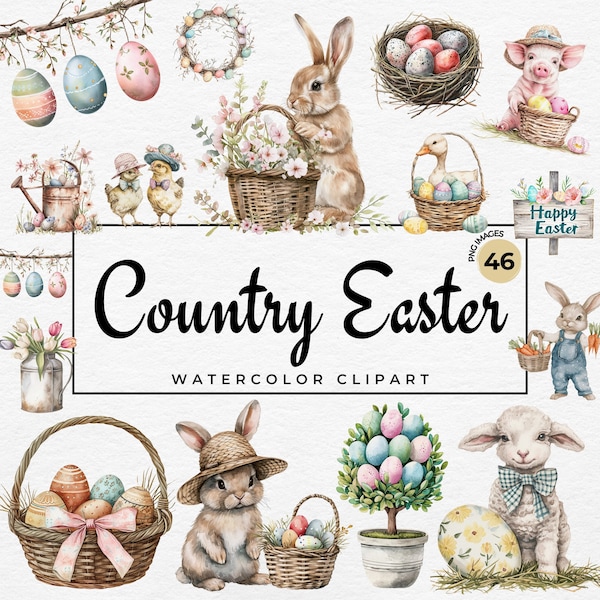 Country Farmhouse Easter Clipart | 46 Watercolor Easter Farm PNG Bundle, Easter Basket, Easter Scene Clipart, Sublimation, Commercial Use