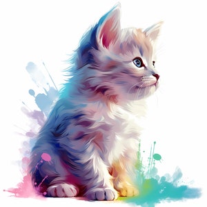 May include: A fluffy white kitten with blue eyes sits on a colorful watercolor background. The kitten is looking to the right of the image.