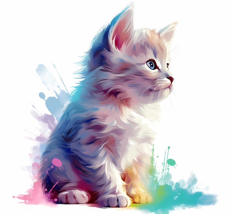 May include: A fluffy white kitten with blue eyes sits on a colorful watercolor background. The kitten is looking to the right of the image.