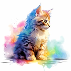 May include: A fluffy, light brown kitten with blue eyes sits on a colorful watercolor background. The kitten is looking to the right of the image.