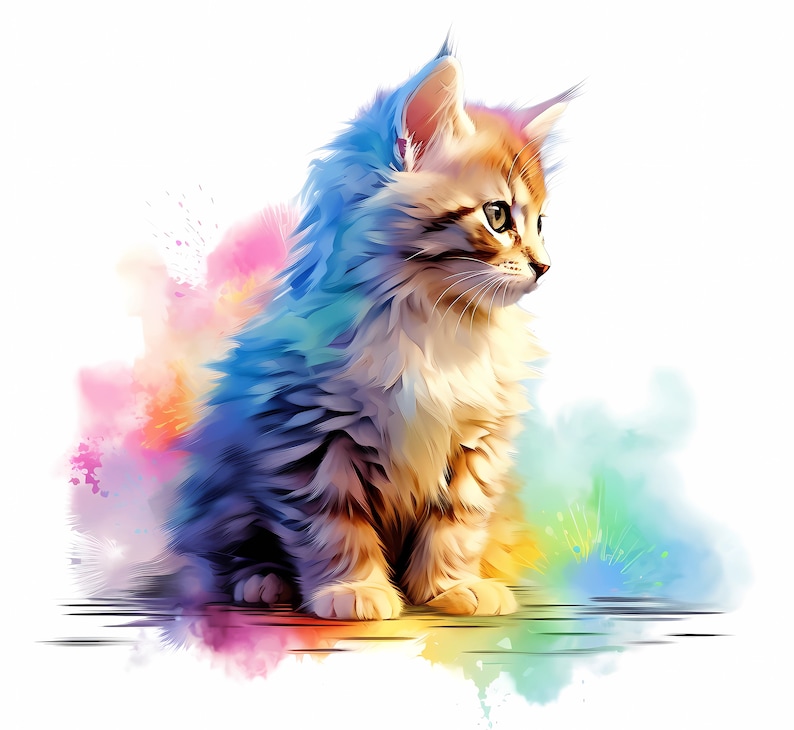 May include: A fluffy, light brown kitten with blue eyes sits on a colorful watercolor background. The kitten is looking to the right of the image.