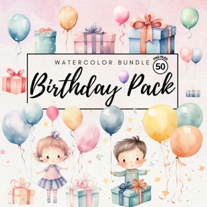Aquarell Geburtstag Clipart Pack | Geschenk Clipart, Ballons Clipart Bundle - Baby Geburtstagsparty - Transparente PNG - Kommerzielle Nutzung