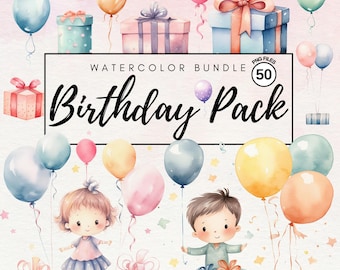 Paquete de imágenes prediseñadas de cumpleaños en acuarela: globos y regalos (PNG, uso comercial)