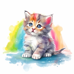 May include: A watercolor painting of a cute, fluffy kitten with blue eyes sitting in front of a rainbow. The kitten is looking up and has a white chest and paws.