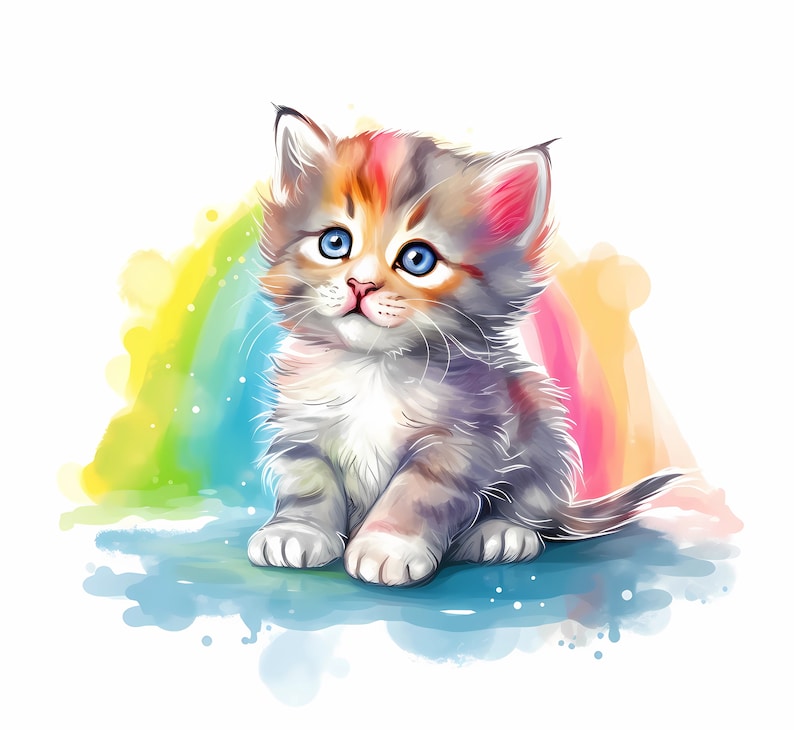 May include: A watercolor painting of a cute, fluffy kitten with blue eyes sitting in front of a rainbow. The kitten is looking up and has a white chest and paws.