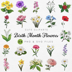 Mês de nascimento Flor SVG | 24 Kawaii Floral Clipart Wildflower SVG & PNG Sublimação Decoração de berçário, Artesanato em papel digital - Uso comercial