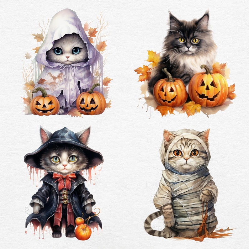 K&ouml;nnte beinhalten: Vier Aquarellillustrationen von Katzen in Halloween-Kost&uuml;men. Eine Katze ist als Geist verkleidet, eine andere als Vampir, eine dritte als Mumie, und die letzte ist von K&uuml;rbissen umgeben. Herbstbl&auml;tter sind um die Katzen verstreut.