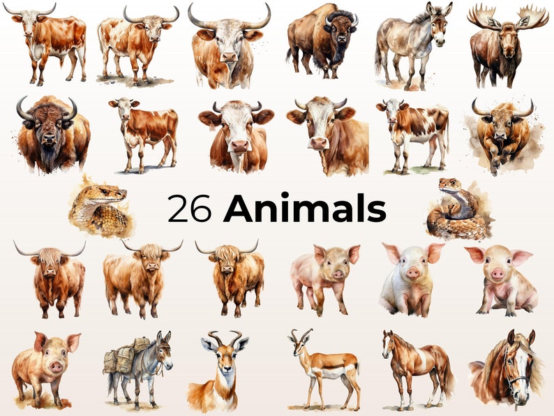 Puede incluir: Ilustraciones de acuarela de 26 animales diferentes, incluyendo un toro, una vaca, un cerdo, un caballo, un ciervo, una serpiente y un alce. Las ilustraciones est&aacute;n en una variedad de poses y se colocan sobre un fondo blanco.