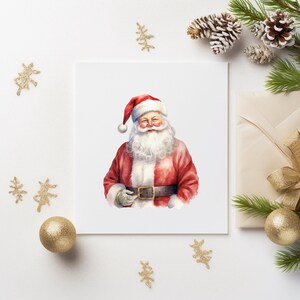 May include: Watercolor painting of Santa Claus in a red suit and hat with a white beard and gloves. The image is on a white square, surrounded by gold ornaments, pine cones, and greenery, evoking a festive Christmas theme.