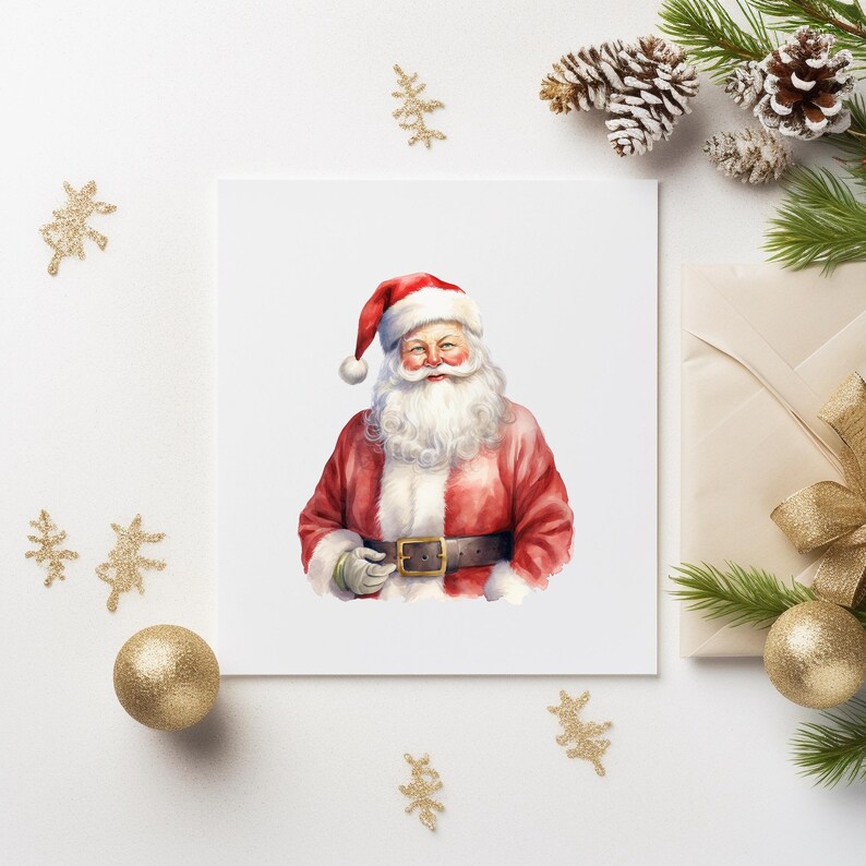 May include: Watercolor painting of Santa Claus in a red suit and hat with a white beard and gloves. The image is on a white square, surrounded by gold ornaments, pine cones, and greenery, evoking a festive Christmas theme.