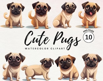 Cute Pug Clipart Bundle | Kawaii Dog Art, PNG (Commercial Use)