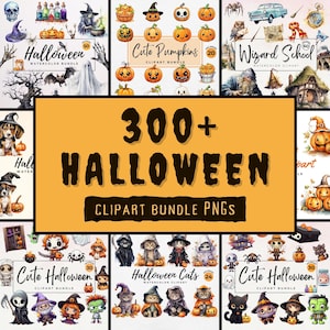 Halloween Clipart Bundle | 300+ Watercolor Halloween PNGs for Paper Crafts, Decor, Nursery Junk Journal, Transparent PNG, Commercial Use
