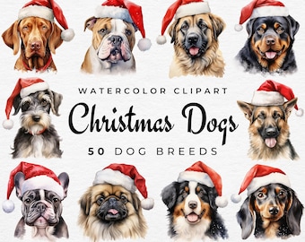 May include: Watercolor clipart featuring various dog breeds wearing Santa hats. The image includes the text "Christmas Dogs" and "50 Dog Breeds". The dogs are depicted in a variety of colors and poses, perfect for holiday-themed designs.