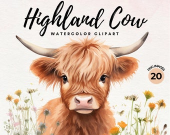 Highland Cow Watercolor Clipart - Cow Clipart PNG Bundle, Cow in the Meadow Clipart | Baby Cow Farm Animal Clipart | For Commercial Use