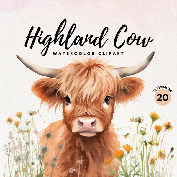 Highland Cow Watercolor Clipart - Cow Clipart PNG Bundle, Cow in the Meadow Clipart | Baby Cow Farm Animal Clipart | For Commercial Use