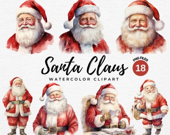 May include: Watercolor clipart featuring Santa Claus in various poses. The images showcase Santa with a white beard, red suit, and hat. The text "Santa Claus Watercolor Clipart" is displayed, along with "PNG Files 18".